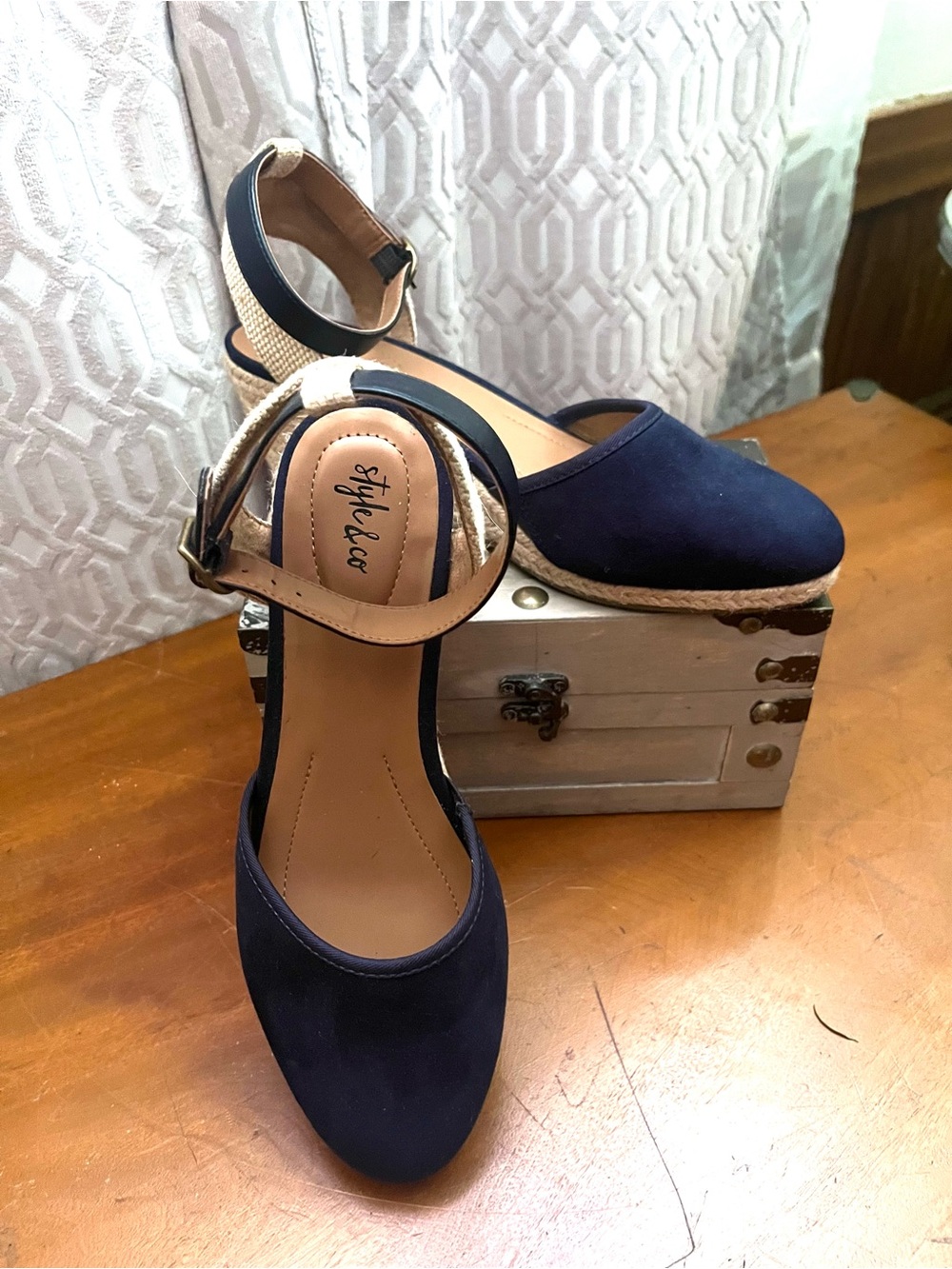 Style & Co. Navy Espadrille Ankle-Strap Wedge Sandals